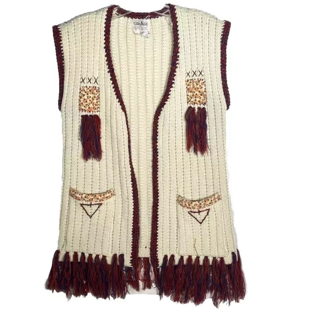 Vintage 70s Beige Knit Sweater Vest Embroidered Fringed